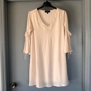 Naif lined Ivory Mini Tunic Dress 3/4 bell flutter sleeves Sz Small Vneck lace
